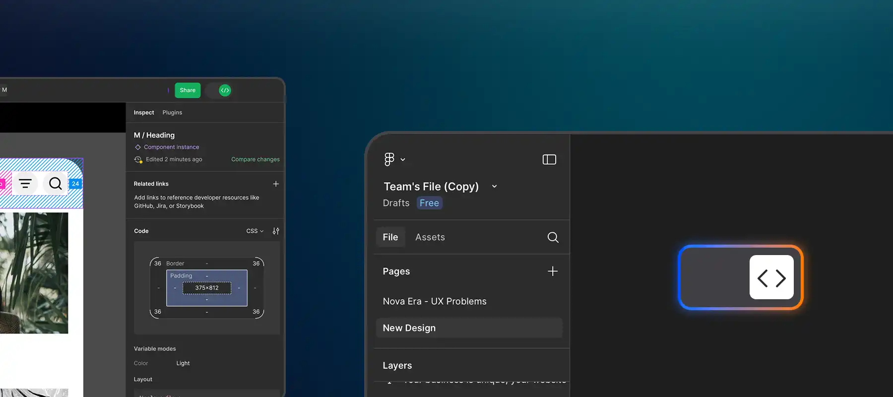 Design-to-Development Handoff – Turning Design Into Reality Design-to-development handoff screen showing component details and developer mode UI.