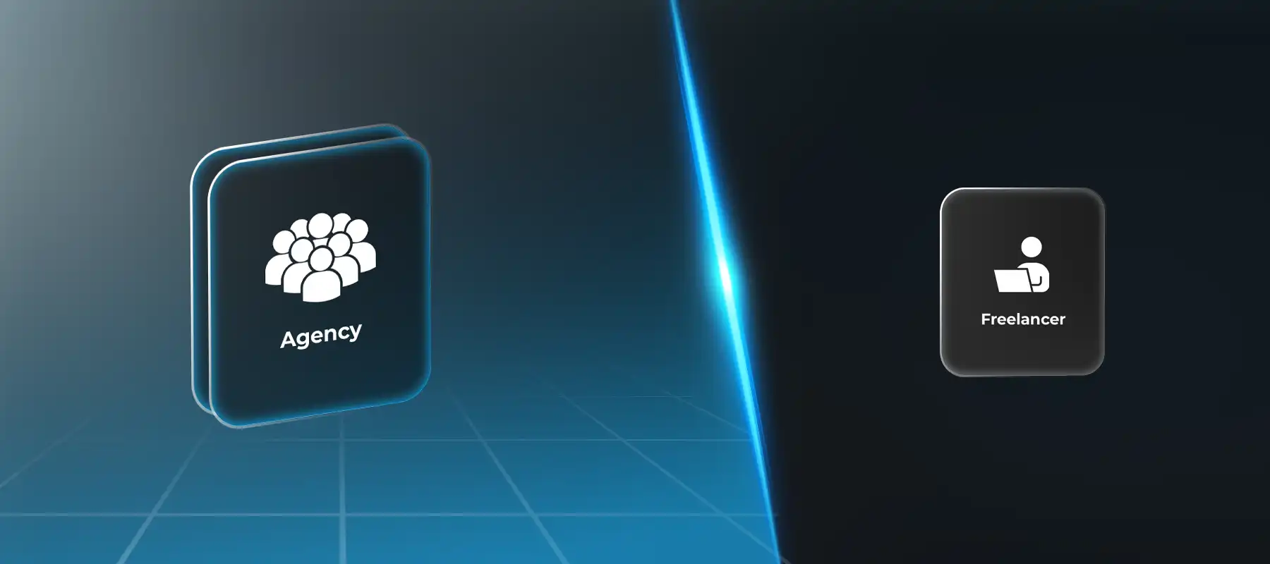 Freelancer vs Agency – Which Is Better for SMEs in 2026? Comparison visual illustrating “Freelancer vs Agency: What’s Better for SMEs?” The image shows two icons on a dark, modern background — a group icon labeled Agency on the left and a single person working on a laptop labeled Freelancer on the right. Designed to represent the pros and cons of hiring a web design agency versus a freelancer for small and medium-sized businesses.