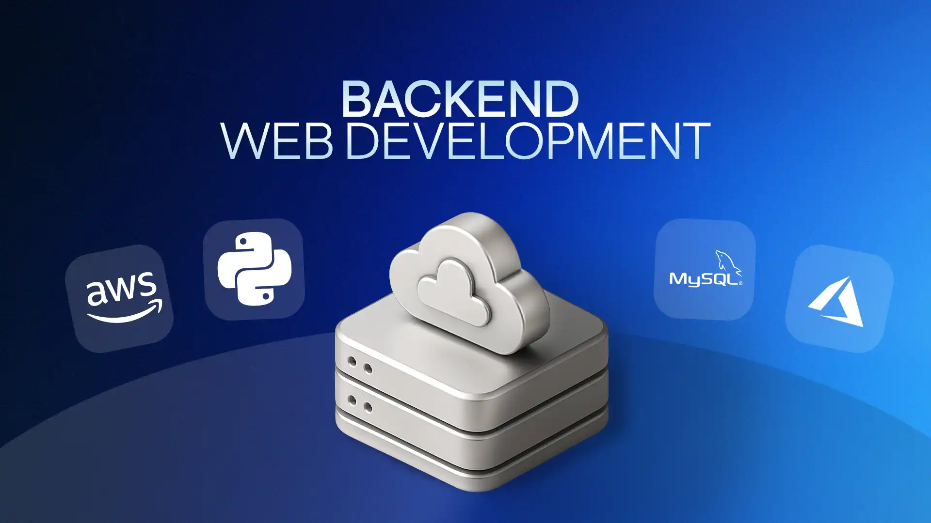 3D server and cloud icon with AWS, Python, MySQL, and Azure logos representing backend web development, servers, databases, and cloud technologies.