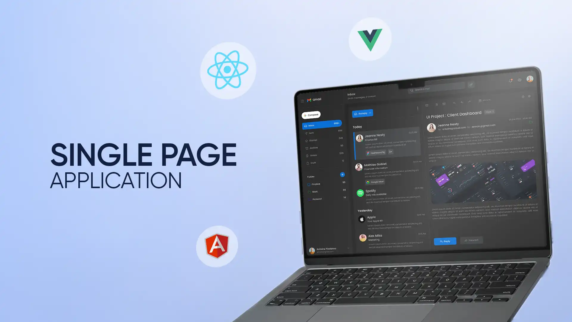 Laptop displaying a modern single page application interface with dashboard layout and React, Vue, Angular icons