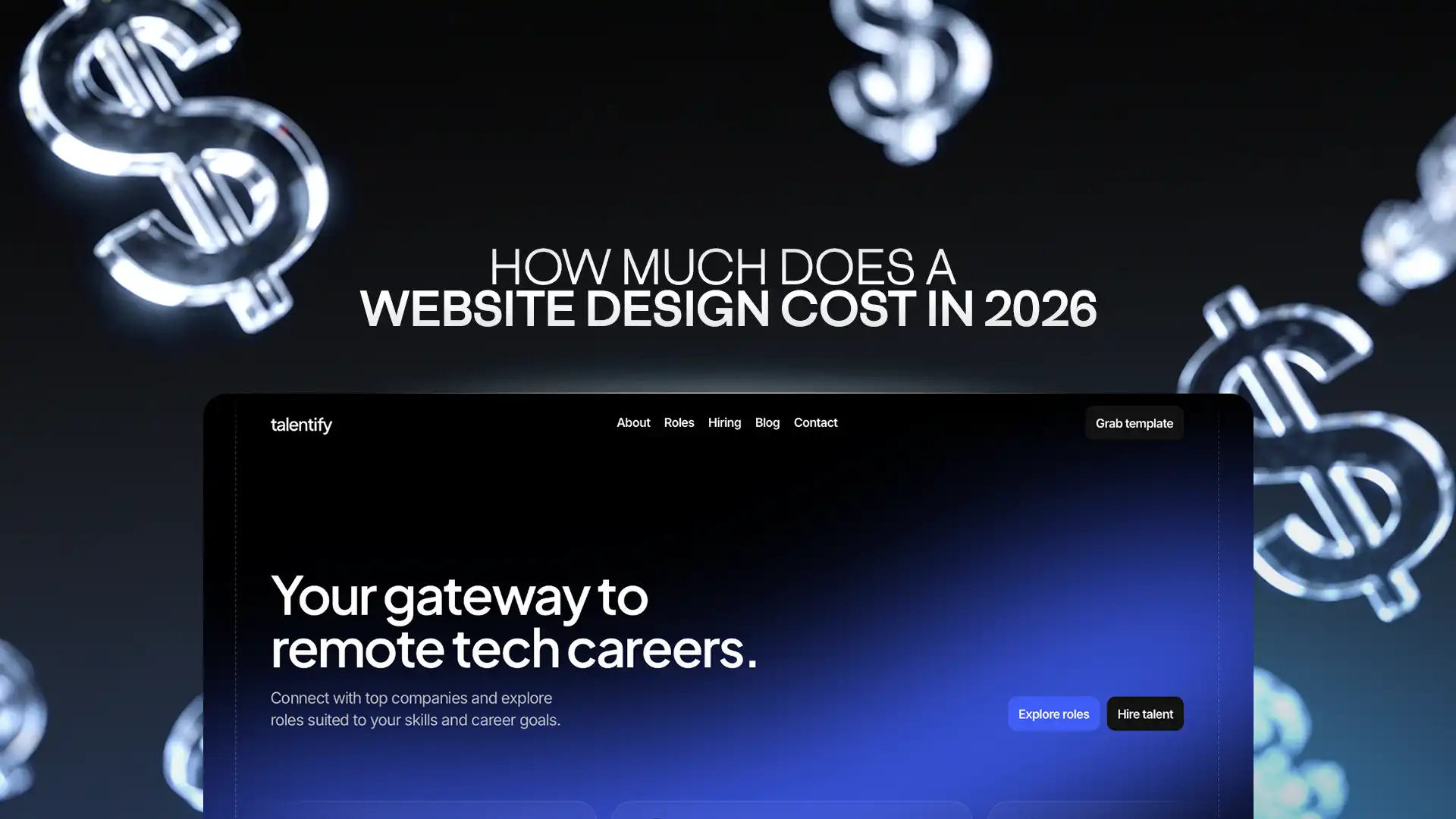 Hero graphic showing website design cost guide for 2026 with dollar symbols and modern website interface